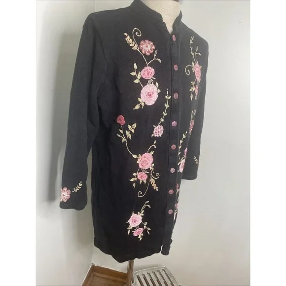 Storybook Knits Cardigan Sweater 1X HSN Flowers Embroidery Beaded Floral Maxi